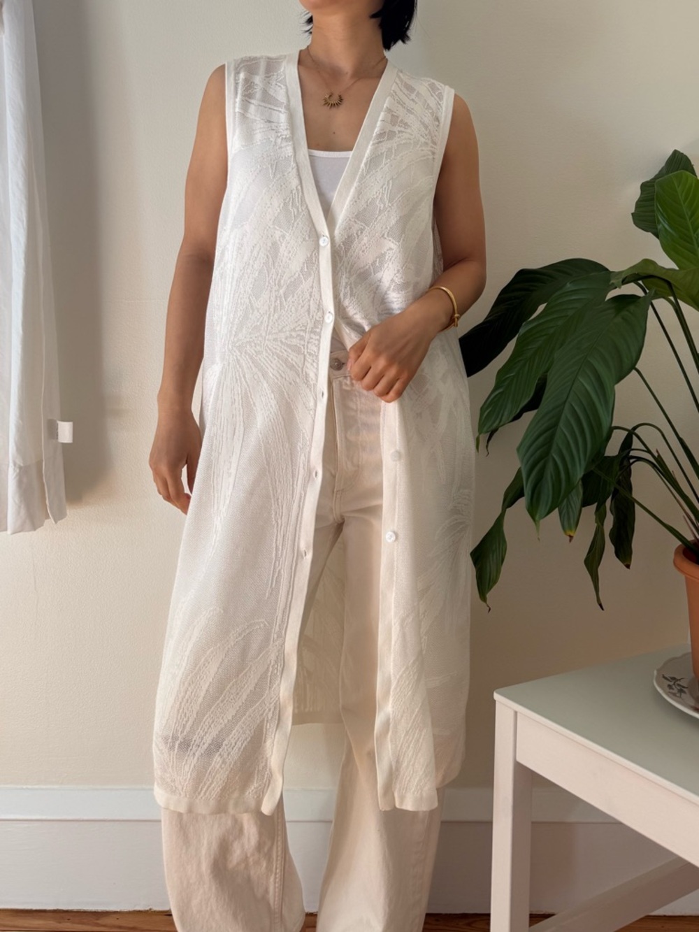 Chicos Cotton Blend Coconut Palm Tree Stitch White Long Vest Sweater Size 2
